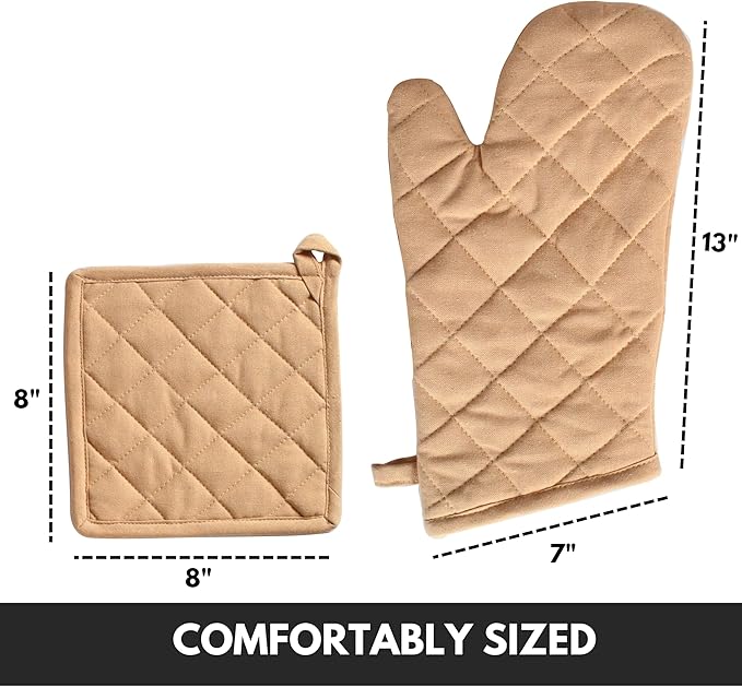 Oven Mitt (7"x13") & Pot Holder (8"x8") 100% Cotton Set of Heat Resistant Oven Gloves & Hot Pads for Gifts, BBQ, Cooking, Baking, Thanksgiving - Beige
