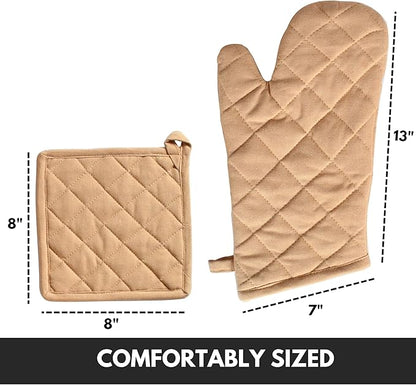 Oven Mitt (7"x13") & Pot Holder (8"x8") 100% Cotton Set of Heat Resistant Oven Gloves & Hot Pads for Gifts, BBQ, Cooking, Baking, Thanksgiving - Beige