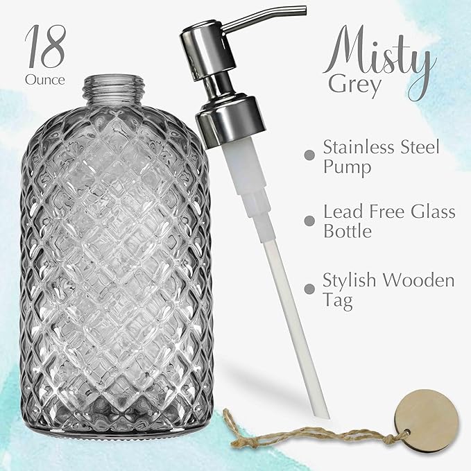 JASAI 18Oz Gray Glass Soap Dispenser with Rust Proof Pump, Refillable Kitchen soap Dispenser for Dish Soap, Bathroom Soap Dispenser for Dispense Hand soap, Lotion. - Image 2
