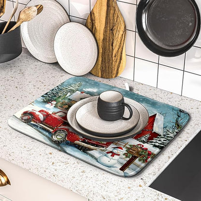 Christmas Dish Drying Mat for Kitchen Counter 18x16 Inch Xmas Red Truck Drying Mat with Absorbent Reversible Microfiber House Snowman Winter Dish Drainer Mats Rack Pad for Coffee Countertop Protector