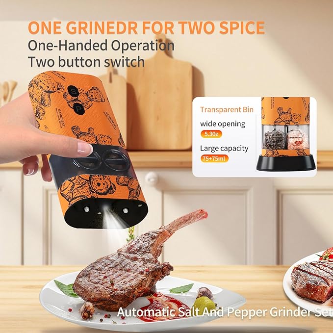 Dual Chamber Salt and Pepper Grinder Set Rechargeable,Electric Pepper Grinder USB-C,One-Hand Control Automatic Salt Mill Shakers,Ceramic Adjustable Coarseness,Large Capacity LED for Kitchen Home Gifts