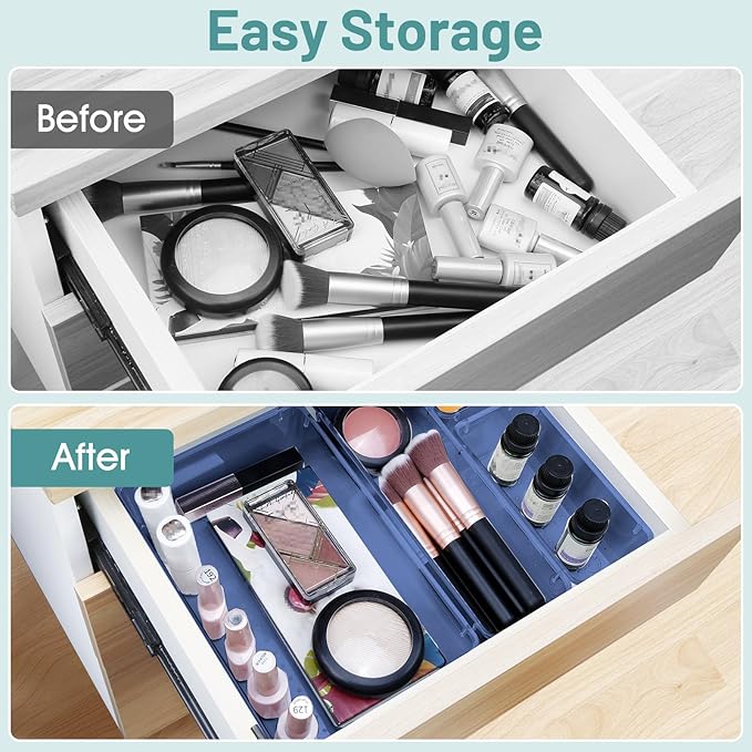 WOWBOX 25 PCS Plastic Drawer Organizer Set, 4 Sizes Desk Drawer Divider Organizers and Storage Bins for Makeup, Jewelry, Gadgets for Kitchen, Bedroom, Bathroom, Office, Clear Dark Blue - Image 4