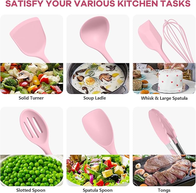 TeamFar Kitchen Cooking Utensils, 10 pcs Silicone Cooking Utensils Set, 446°F Heat Resistant Kitchen Gadgets Tools Set w/Spatula, Turners, Spoons, Soup Ladle, Pasta Server for Nonstick Cookware, Pink - Image 5