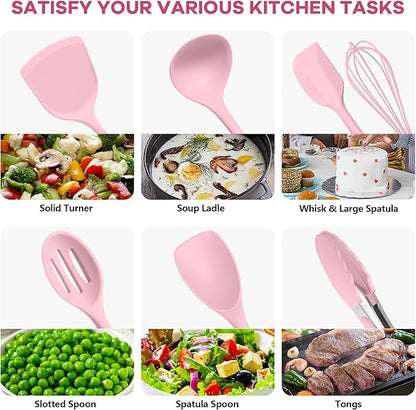 TeamFar Kitchen Cooking Utensils, 10 pcs Silicone Cooking Utensils Set, 446°F Heat Resistant Kitchen Gadgets Tools Set w/Spatula, Turners, Spoons, Soup Ladle, Pasta Server for Nonstick Cookware, Pink - Image 5