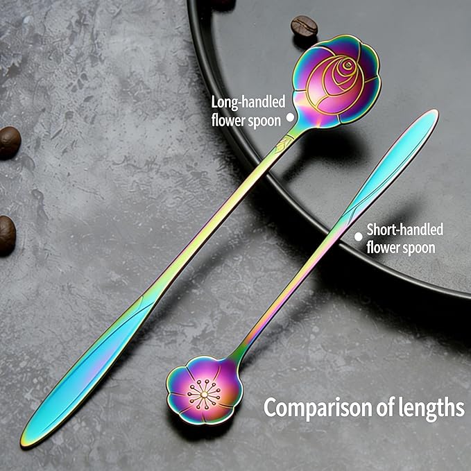 12 Pcs Flower Coffee Tea Spoons Set with Storage Bag, 4 Long & 8 Short Stainless Steel Teaspoons for Sugar Dessert Ice Cream Stirring, Cute Fancy Tableware for Tea Party Kitchen Cafe Bar(Multicolor)