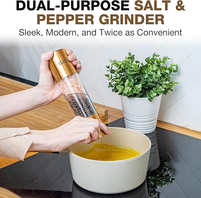 Eparé 2 in 1 Gold Salt and Pepper Grinder Combo - Brass All in One Dual Salt & Pepper Grinder Set in One for Kitchen - Manual Grinding Salt Pepper Mill Refillable - Stainless Steel - Image 2