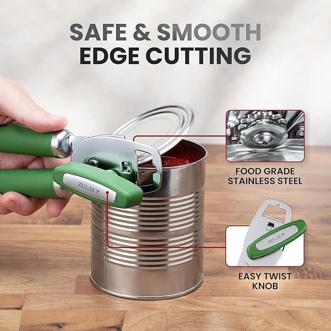 Zulay Kitchen Heavy Duty Stainless Steel Can Opener Manual with Bottle Opener - Rust Proof Manual Can Opener With Turn Knob & Comfy Soft Grip Handles - Artichoke Green - Image 4