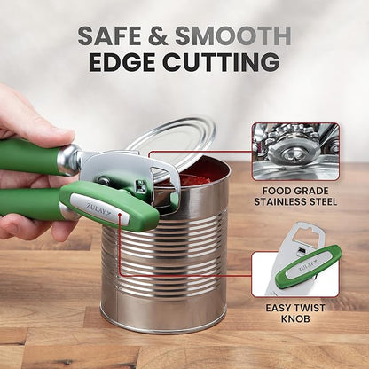 Zulay Kitchen Heavy Duty Stainless Steel Can Opener Manual with Bottle Opener - Rust Proof Manual Can Opener With Turn Knob & Comfy Soft Grip Handles - Artichoke Green - Image 4
