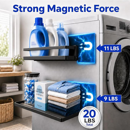 Magnetic Shelf for Washer Dryer, Foldable 2 Tier Metal Organizer Rack with Hooks, No Drill Laundry Room Side Storage, Magnetic Fridge Shelf for Refrigerator, Cabinet, Locker, RV