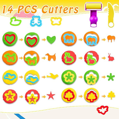 Dough Tools Play Set for Kids,30 pcs Basic Dough Play Toys with Animal Cutters, Roller, Rolling Pins, Safety Scissors, Plastic Knife,Character Accessories
