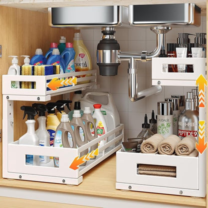 2-Pack 17"Deep Under Sink Organizer And Storage, 2-Tier L-Shaped Pull Out Cabinet Organizer with Upgraded Slide Rails, Height Adjustable Drawers for Kitchen&Bathroom, Extra-Large Storage Shelves–White by UnderSinkOrganizer