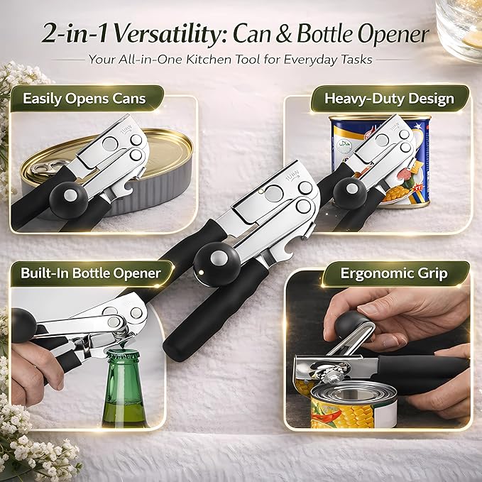 Commercial Can Opener, Heavy Duty Manual Can Opener for Large Cans, Hand Crank Can Opener with Magnetic Lid Lifter, Stainless Steel with Bottle Opener - Image 6