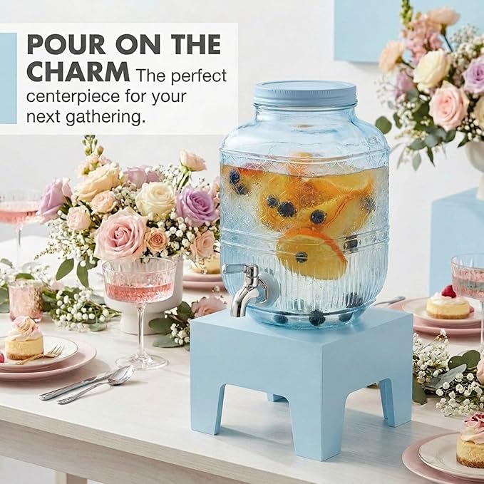 Beverage Dispenser 1 Gallon, Glass Drink Dispenser with Wooden Base Stand, Wide Mouth Jar for Lemonade, Iced Tea, Infused Water, Vintage Kitchen Decor - Blue