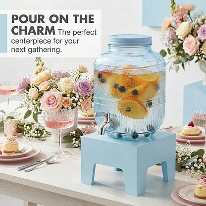 Beverage Dispenser 1 Gallon, Glass Drink Dispenser with Wooden Base Stand, Wide Mouth Jar for Lemonade, Iced Tea, Infused Water, Vintage Kitchen Decor - Blue