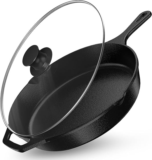 Utopia Kitchen Premium Saute Frying Pan 12 Inch, Cast Iron Chefs Pan, Pre Seasoned Cast iron Skillet With Lid, Safe Grill Cookware for Indoor & Outdoor Use, Black by UTOPIAKITCHEN