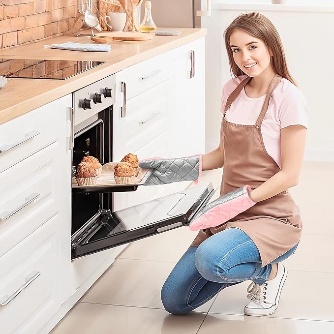 GROBRO7 6Pcs Cotton Oven Mitts and Pot Holders Set Heat Resistant Hot Pads Durable Pocket Pot Holder Machine Washable BBQ Gloves with Hanging Loop for Safe Kitchen Baking Cooking Grilling Pink - Image 5