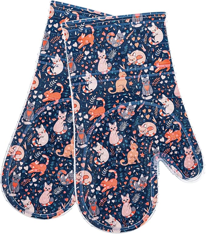 Oven Mitts Set of 2 with Transparent Clear Silicone Shell and Nice cat Printing Cotton Lining, Heat Resistant to 500 F Kitchen Oven Gloves Pot Holder for Cooking (Navy, Cat, Oven Mitts) - Image 7