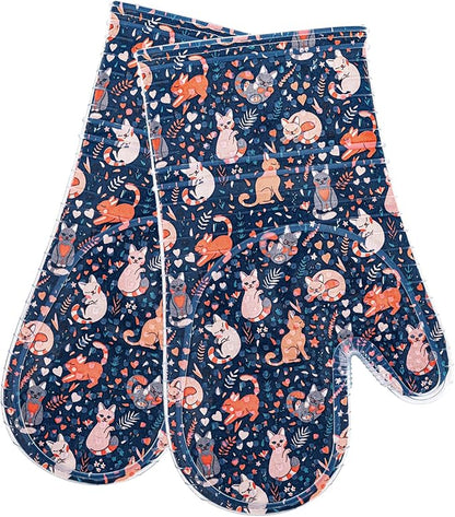 Oven Mitts Set of 2 with Transparent Clear Silicone Shell and Nice cat Printing Cotton Lining, Heat Resistant to 500 F Kitchen Oven Gloves Pot Holder for Cooking (Navy, Cat, Oven Mitts) - Image 7