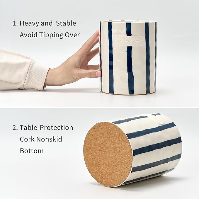 JIEMEI HOME Kitchen Utensil Holder, 7.2" Ceramic Stable Utensil Crock for Countertop, Modern Minimalism Style Cooking Tool Organizer with Cork Mat, Spatula Holder For Kitchen Decor, Blue stripes - Image 4