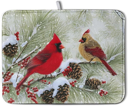 Winter Dish Drying Mat for Kitchen Counter 18x24 Inch Christmas Red Birds Drying Mats Xmas Holiday Microfiber Absorbent Dishes Drainer Mats Cardinal Dish Rack Pad by Kwlegh