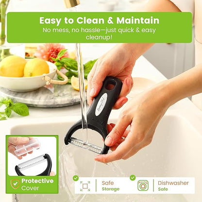 Spring Chef Swivel & Vegetable Julienne Peeler Set for Kitchen with Stainless Steel Sharp Blades - Potato Peelers with Soft Grip Handles & Blade Covers - Perfect for Carrot, Zucchini, Cucumber - Black - Image 6