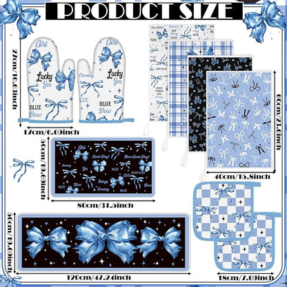 Fourluoo 10 Pcs Blue Bow Kitchen Decor Set Dish Towels Kitchen Rugs Oven Mitts and Pot Holders for Cooking Baking Grilling Women Mom Gift
