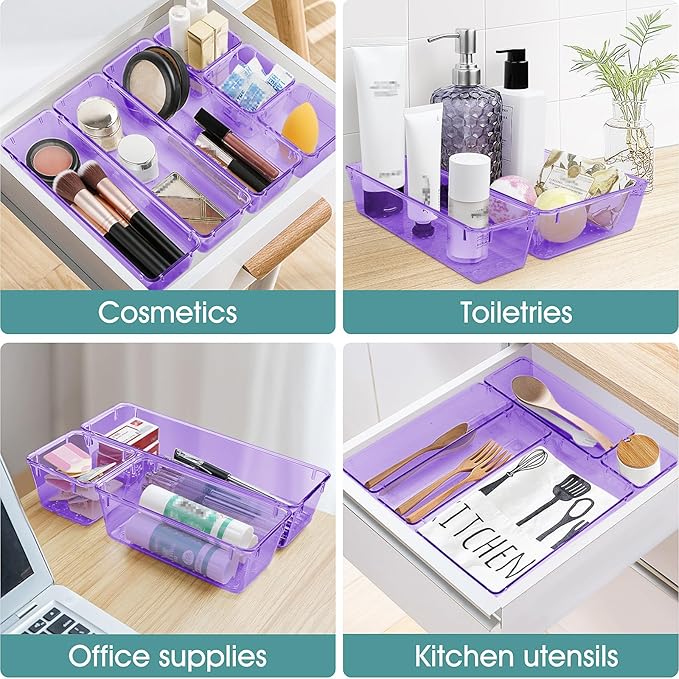 WOWBOX 25 PCS Plastic Drawer Organizer Set, Desk Drawer Divider Organizers and Storage Bins for Makeup, Jewelry, Gadgets for Kitchen, Bedroom, Bathroom, Office, Clear Purple - Image 5