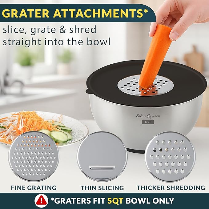 Baker's Signature Stainless Steel Mixing Bowls with Lids Set, 5 Sizes, 3 Graters, Non-Slip Base, Airtight Lids, Metal Mixing Bowls for Kitchen, Food Prep, Storage, 0.63QT-5QT, Black - Image 6