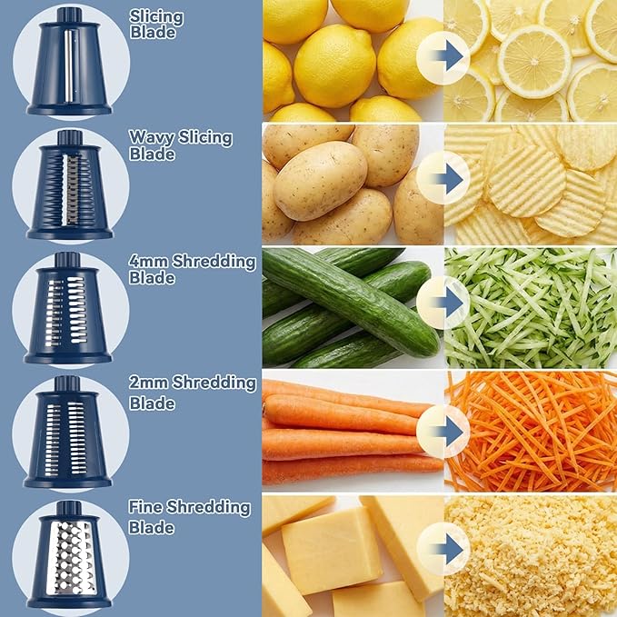 Upgrade Rotary Cheese Grater Shredder with Handle, Strong Suction Base, Multi-purpose Rotary Grater Slicer with 5 Interchangeable Blades for Ice, Vegetables, Fruit, Nuts with Blade Storage Box - Image 3