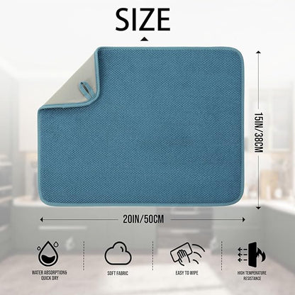 2 Pack Microfiber Dish Drying Mat for Kitchen Counter,Ultra Absorbent Dish Drainer Mat ,Dish Drying Pad ,Dish Rack Mat 20×15 Inch (Blue)