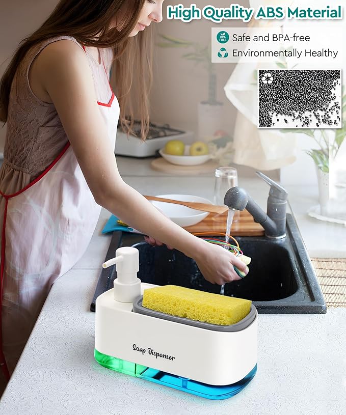 Kitchen Dish Soap Dispenser Set，Dish and Hand Soap Dispenser with Sponge Holder, 3-in-1 Countertop Sponge Dual Soap Pump Dispenser for Kitchen Sink - White - Image 3