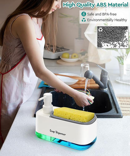 Kitchen Dish Soap Dispenser Set，Dish and Hand Soap Dispenser with Sponge Holder, 3-in-1 Countertop Sponge Dual Soap Pump Dispenser for Kitchen Sink - White - Image 3