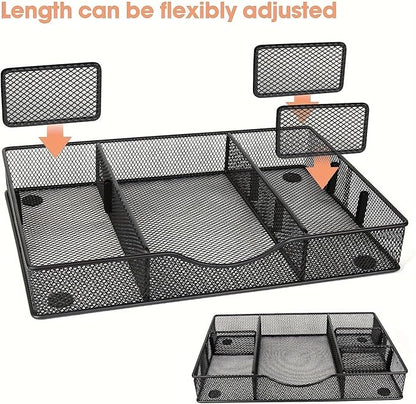 VyGrow Desk Drawer Organizer Tray, Metal Mesh Drawer Organizers Office, 6 Adjustable Compartment, Desk Organizer Tray for Home Office 12.87L x 8.73D x 1.96H inch, Black, 1PC Medium