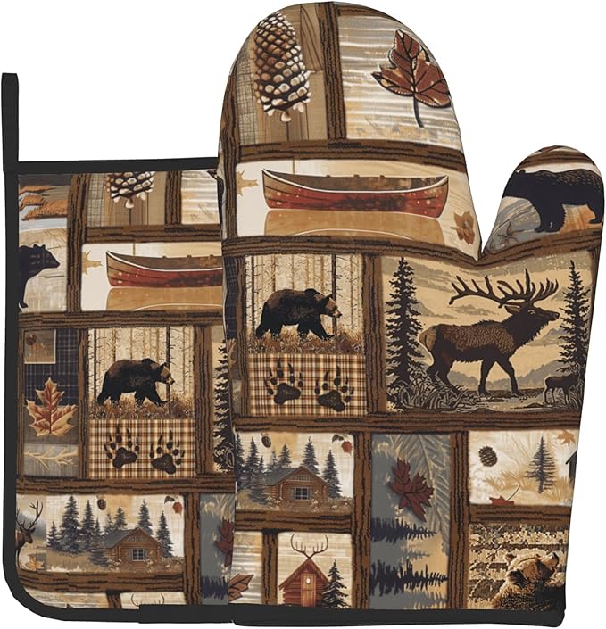Rustic Lodge Pot Holders and Oven Mitts - Bear Moose Forest Oven Glove Hot Pads for Kitchen Chef Gifts for Cooking Lover Cooks by DZGlobal