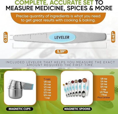 Spring Chef Magnetic Measuring Cups & Spoons Set, Patented, Strong Magnets, Heavy Duty Stainless Steel Fits in Spice Jars for Baking & Cooking, BPA Free, Round Set of 15 with Leveler, Aqua Sky - Image 6