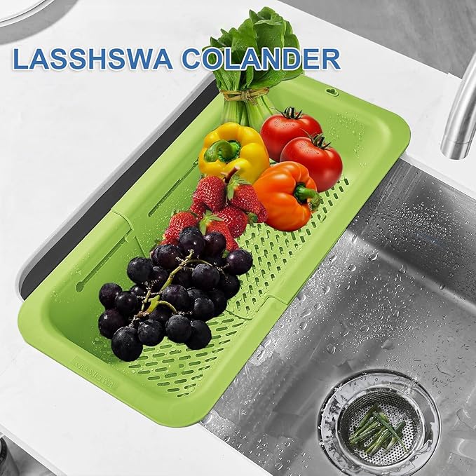LASSHSWA Collapsible Colander for Kitchen, Over the Sink Strainer Basket for Kitchen, Fruit Pasta Food Strainer Expandable Plastic Colander BPA Free (Green) - Image 2