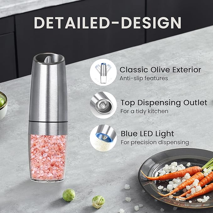 Battery Operated Salt And Pepper Grinder Set with LED Light, Automatic Electric Gravity Salt And Pepper Shakers Set, Each 6 AAA Batteries Needed, Adjustable Roughness, 2 Pack (Silver) - Image 5