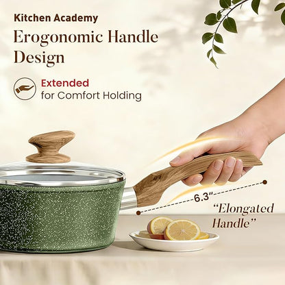 Kitchen Academy Non Toxic Pots and Pans Set Non Stick - 12 Piece Induction Cookware Sets, Green Granite Nonstick Cooking Pot and Pan, PFOA&PFOS Free - Image 4