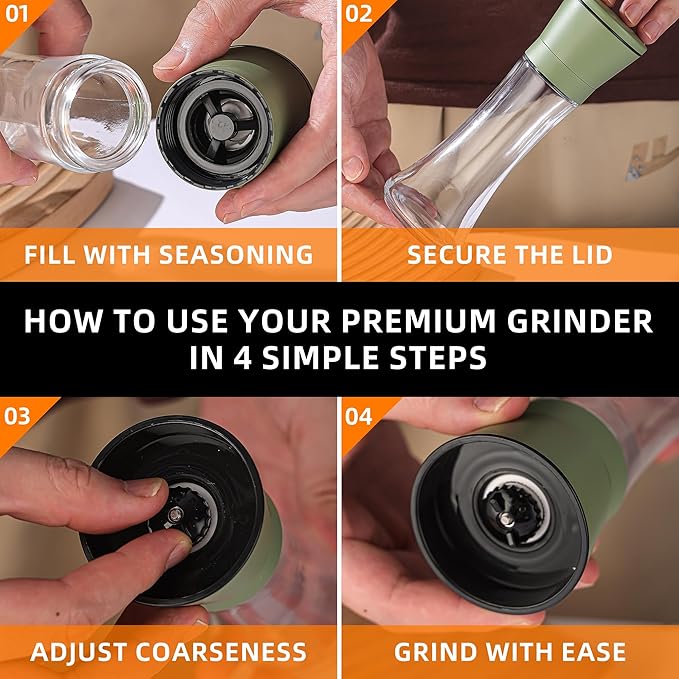 DAVIMADE Premium 2pk Sage Green Salt and Pepper Grinder Set, Manual Grinder Adjustable Coarseness Ceramic Blades, Bonus Funnel，Short Kitchen Accessories