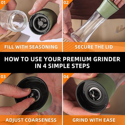 DAVIMADE Premium 2pk Sage Green Salt and Pepper Grinder Set, Manual Grinder Adjustable Coarseness Ceramic Blades, Bonus Funnel，Short Kitchen Accessories