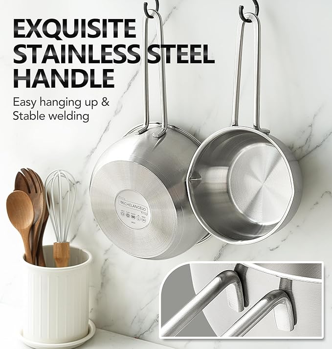 MICHELANGELO Stainless Steel Saucepan with Lid & Pour Spout 1QT & 2QT & 3QT, Tri-Ply Bottom Sauce Pan Set, Sauce Pot Set - 6 Pcs - Image 6