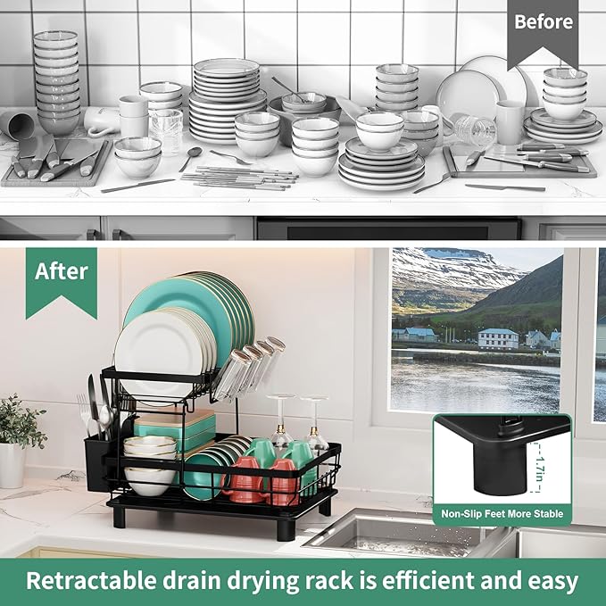 MOUKABAL Dish Drying Rack, Dish Rack, Stainless Steel Dish Racks for Kitchen Counter, Dish Drainer with Removable Utensil Holder, Drainboard (Black,2 Tier,13''W x 17''L) - Image 9