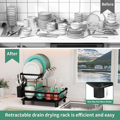 MOUKABAL Dish Drying Rack, Dish Rack, Stainless Steel Dish Racks for Kitchen Counter, Dish Drainer with Removable Utensil Holder, Drainboard (Black,2 Tier,13''W x 17''L) - Image 9