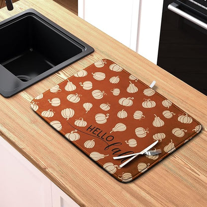 Hello Fall Drying Mat for Kitchen Counter Autumn Orange Pumpkin Dry Dish Mat Thanksgiving Absorbent Microfiber Dish Draining Washable Dish Drainer Rack Mat 16x18 Inch - Image 6