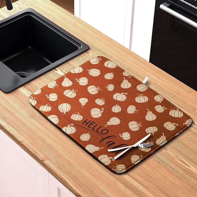 Hello Fall Drying Mat for Kitchen Counter Autumn Orange Pumpkin Dry Dish Mat Thanksgiving Absorbent Microfiber Dish Draining Washable Dish Drainer Rack Mat Large 18x24 Inch - Image 6