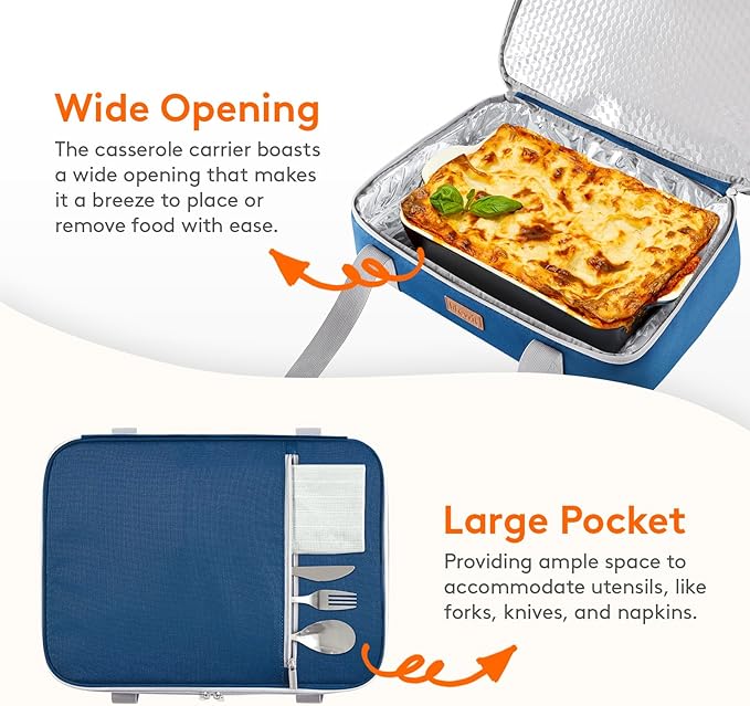 Lifewit Insulated Double Decker Casserole Carrier, Expandable Lasagna Lugger Tote Bag for Hot or Cold Food, Fits 9" x 13" Baking Dish for Potluck Parties, Picnic and Cookouts, Pure Blue