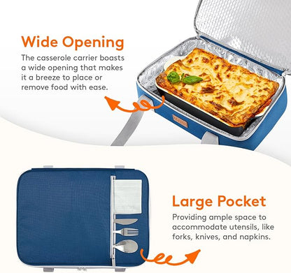 Lifewit Insulated Double Decker Casserole Carrier, Expandable Lasagna Lugger Tote Bag for Hot or Cold Food, Fits 9" x 13" Baking Dish for Potluck Parties, Picnic and Cookouts, Pure Blue