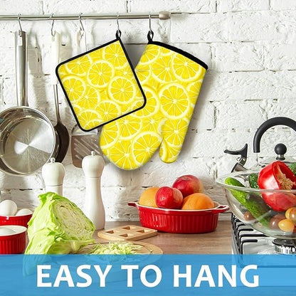 Watercolor Lemon Oven Mitts and Pot Holders Sets Heat Resistant 4Pcs Potholders Oven Gloves Hot Pads for Kitchen Baking Cooking Grilling BBQ