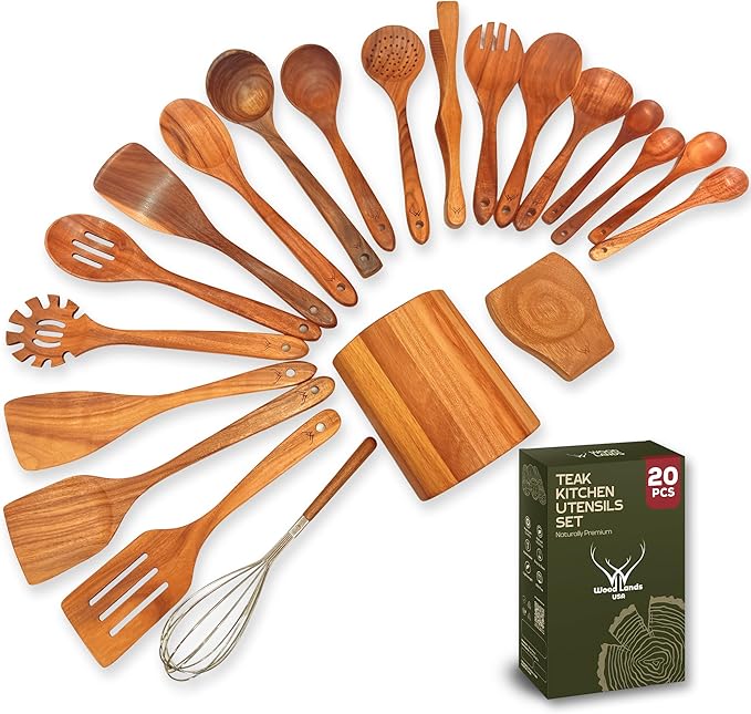 20 Pcs Teak Wooden Utensil Set – Premium Cooking Utensils Set, Natural Wooden Spoons for Cooking - Sturdy Kitchen Utensils & Cooking Spoons for Every Chef by WOODLANDSUSA