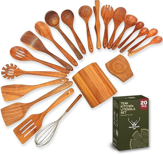 20 Pcs Teak Wooden Utensil Set – Premium Cooking Utensils Set, Natural Wooden Spoons for Cooking - Sturdy Kitchen Utensils & Cooking Spoons for Every Chef by WOODLANDSUSA